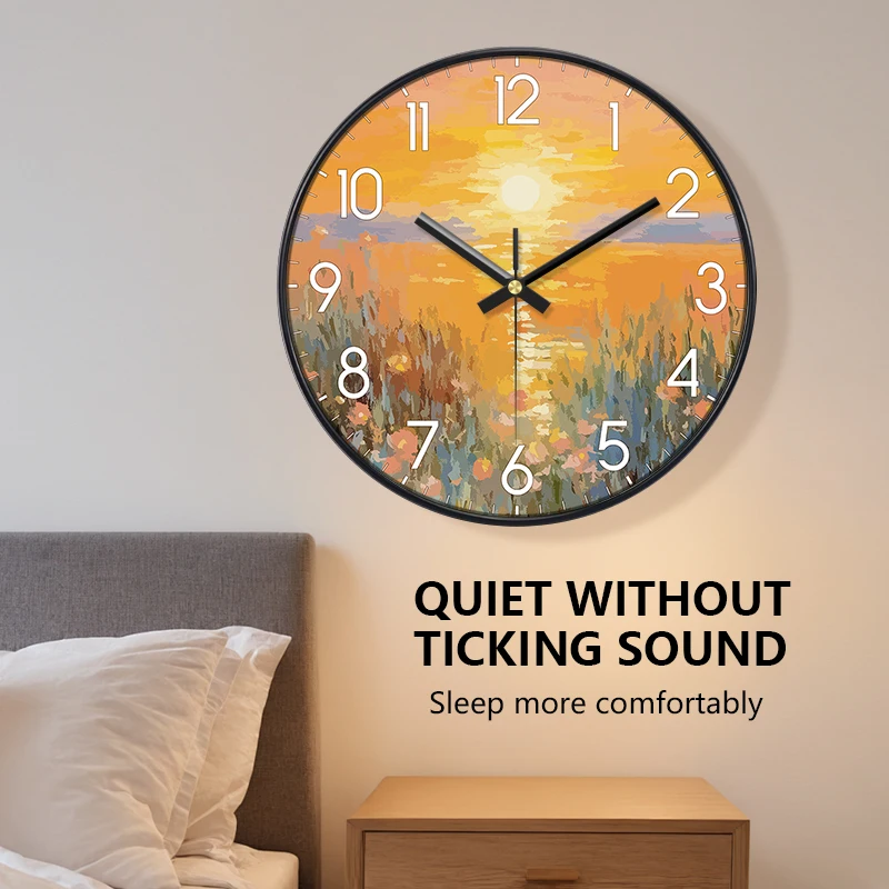

Art Quartz Wall Clock Minimalist Warm Color For Living Room Light Luxury Landscape Oil Painting Wall Watch Loudspeaker Mute