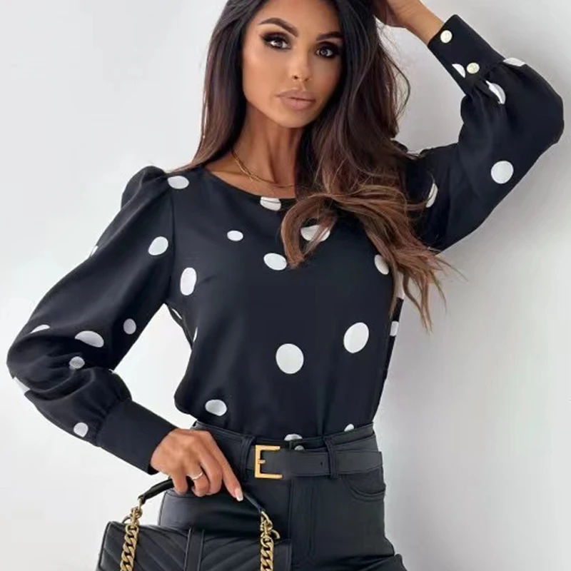 Women\'s Korean Fashion Polka Dot Print Shirt, Elegant Women Tops, Long Lantern Sleeve, O-neck, Loose Clothes, Spring Autum 8631