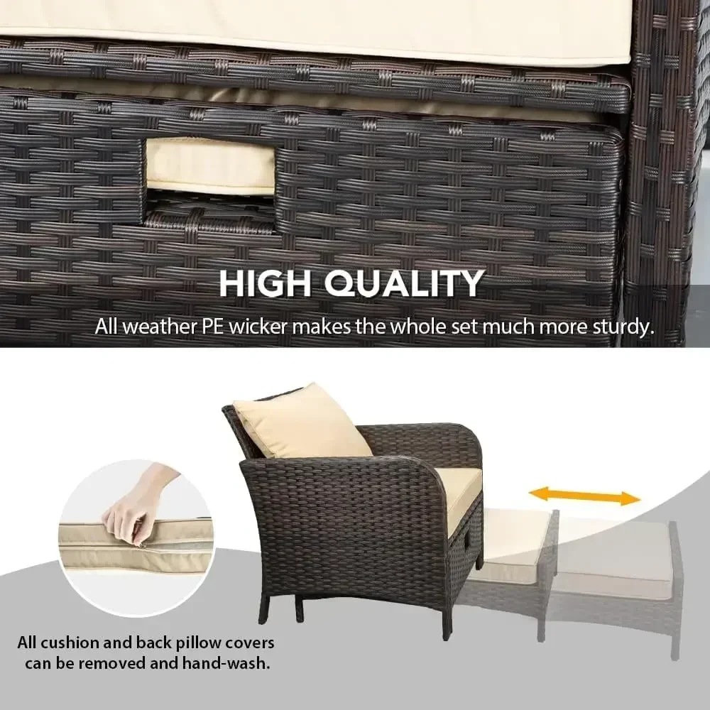 XMSJ.Balcony Furniture مجموعة محادثة للفناء مكونة من 5 قطع، كراسي صالة خارجية مع وسائد ناعمة 2 طاولة عثمانية وزجاجية للشرفة
