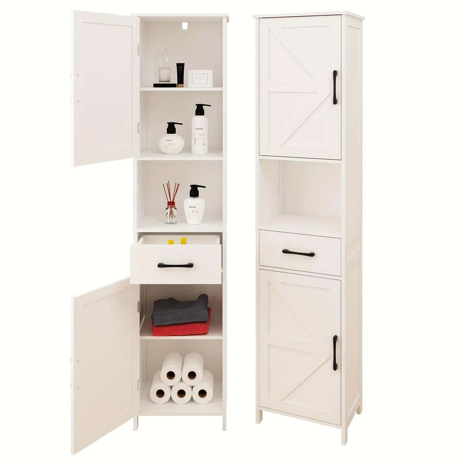

1pc 67-Inch Tall Cabinet with 5 Storage Compartments And 1 Drawer, Multifunctional Storage Cabinet, Suitable for Bathroom, Living Room, Kitchen, in White And Black