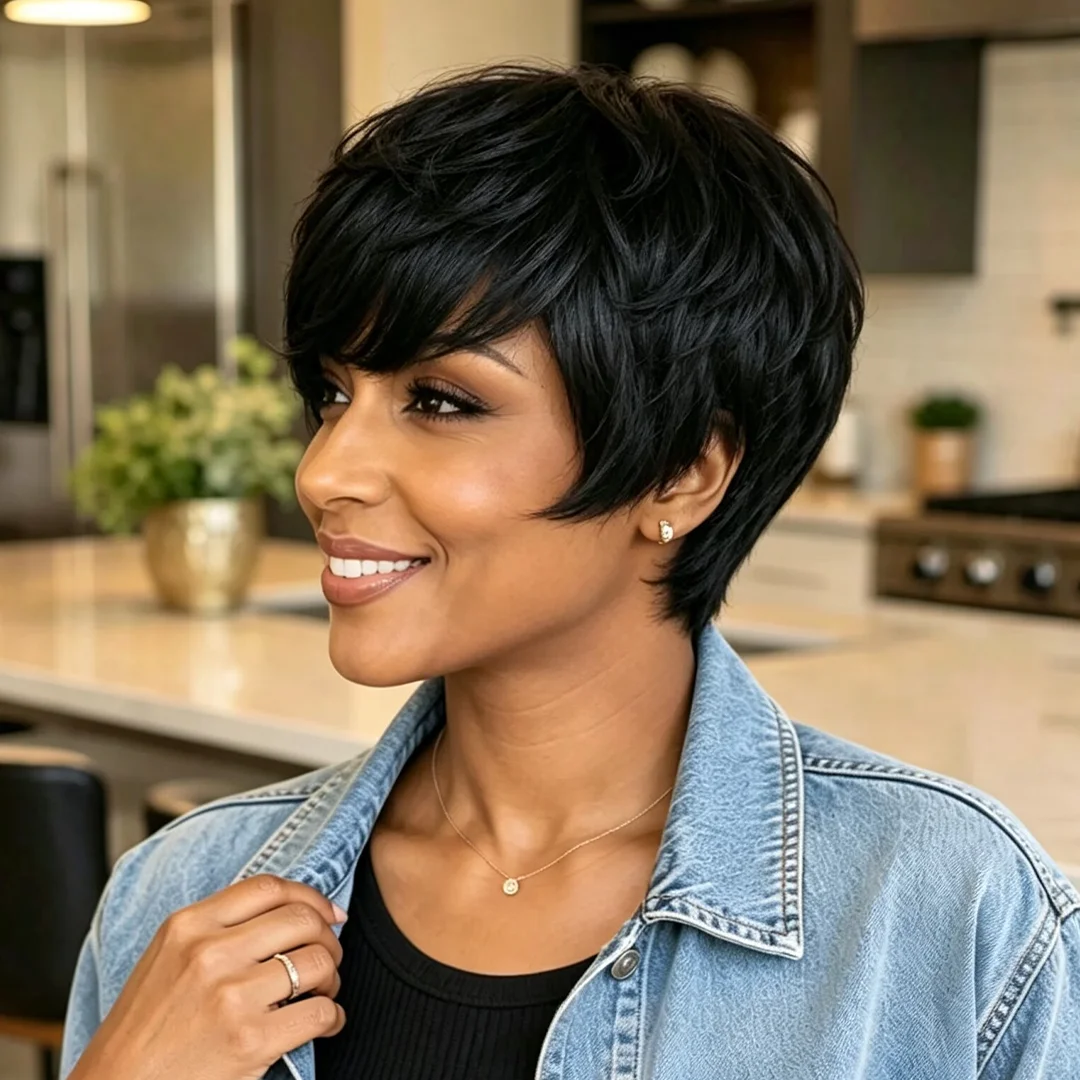 Pixie Cut Wig Human Hair, 4-inch Short Straight Layered Wigs for Women Full Machine-Made Wigs with Bangs, Natural Black Color