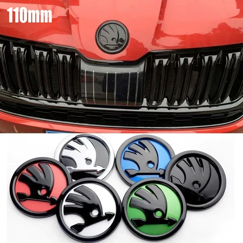 for SKODA Logo 11cm ABS Car Front Hood Rear Trunk Emblem Badge Sticker VRS Rapid Yeti Karoq SCALA Fabia 1 2 Octavia A7 RS Superb