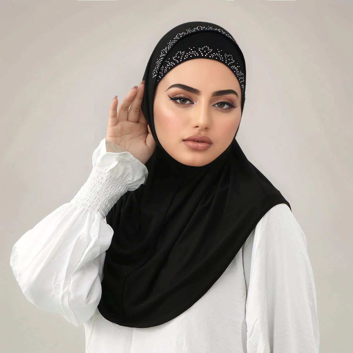 2pcs/set Muslim Instant Hijab with Open Caps Women Rhinestone Jersey Hijab Head Cover Neck Islam Solid Undercap Turban Tube Caps image 5