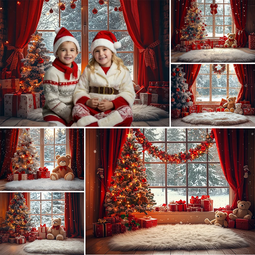 Christmas Photography Background  Xmas Tree Red Wreath Window Decoration Kids Holiday Portrait Backdrops Photo Studio Props