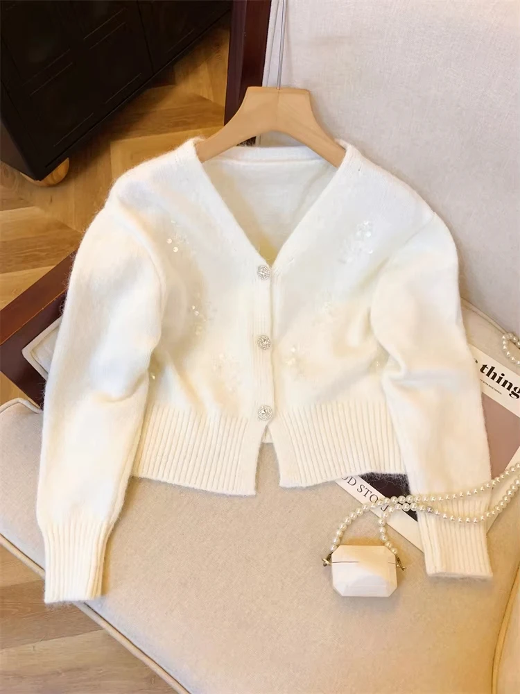 High-end Sequin V-neck Sweater Jacket for Women Autumn Winter Solid Soft Knitted Cardigan Office Lady Short Tops 2024 New