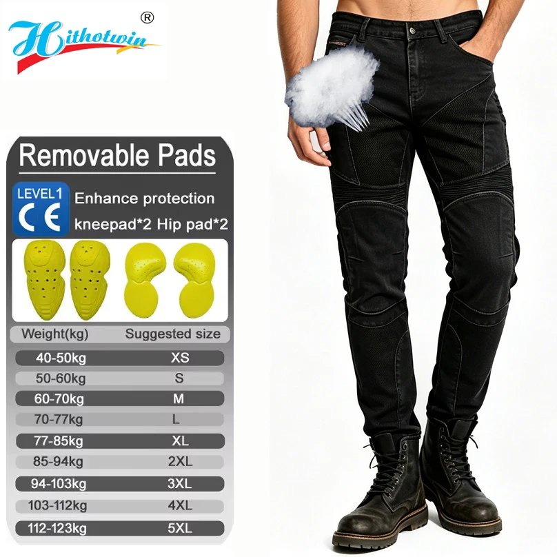 Hithotwin Motorcycle Jeans Men Summer Mesh Splicing Knee Kevlar All Black Abrasion Resistant Windproof Durable Dirt Bike Riding