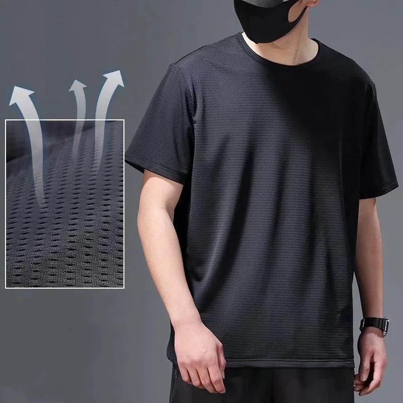 Summer Mesh Ice Silk T-shirt Men\'s Short Sleeve Round Neck 2023 New Half Sleeve Men Thin Solid Color Tees Top ﻿