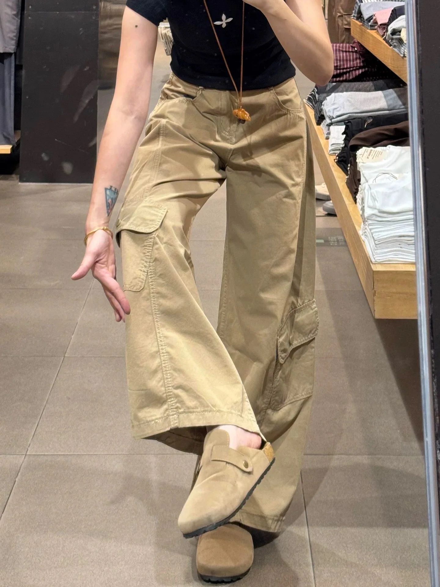 

Y2K Khaki Pants Women Work Trousers American Retro Multi Pocket Curved Knife High Waist Slimming Straight Leg Loose Trendy