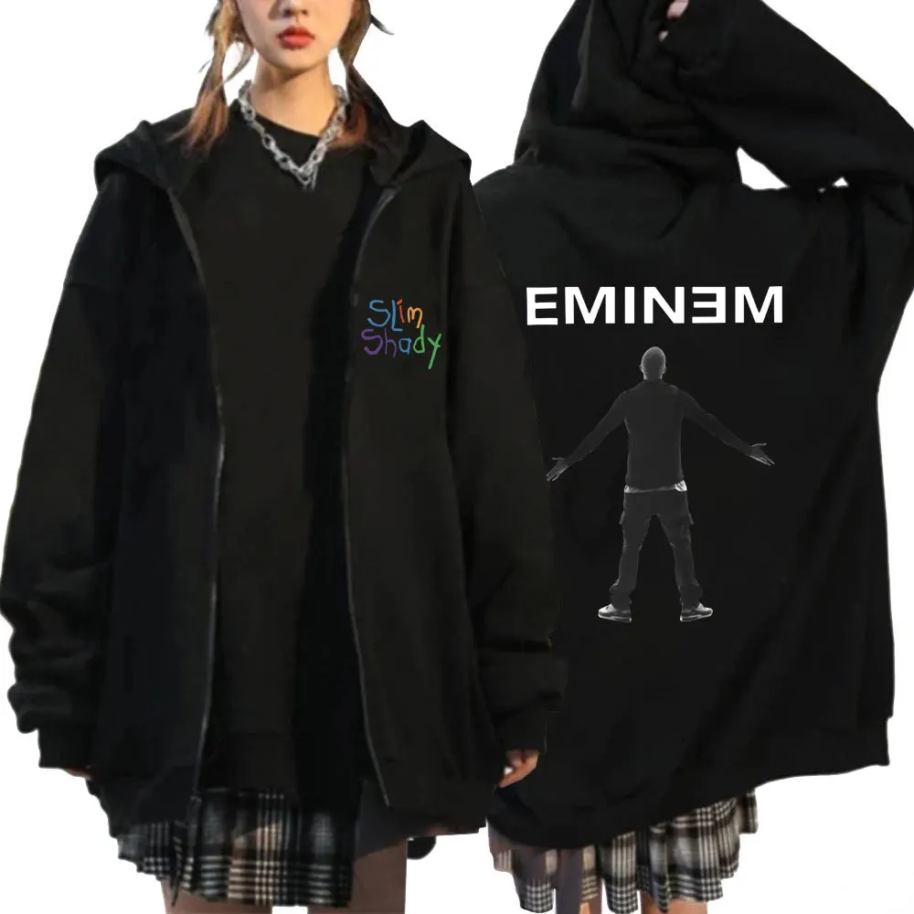 Rapper Eminem Slim Shady Zipper Hoodie Men's Fashion Hip Hop Style Vintage Fleece Cardigan Sweatshirt Oversized Coats Streetwear