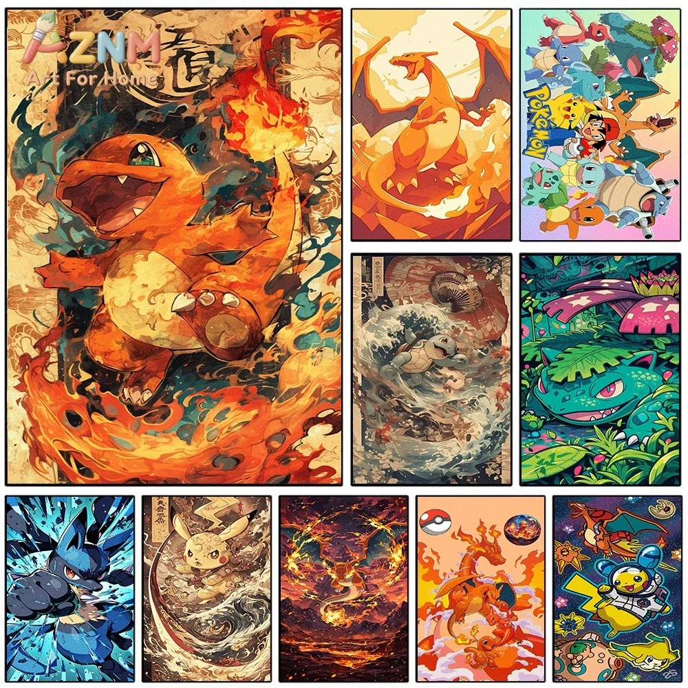 Anime Pokemon Charmander Retro Fire Flame Canvas Wall Art, Popular Cartoon Character Frameless Canvas Painting for Kids Bedroo