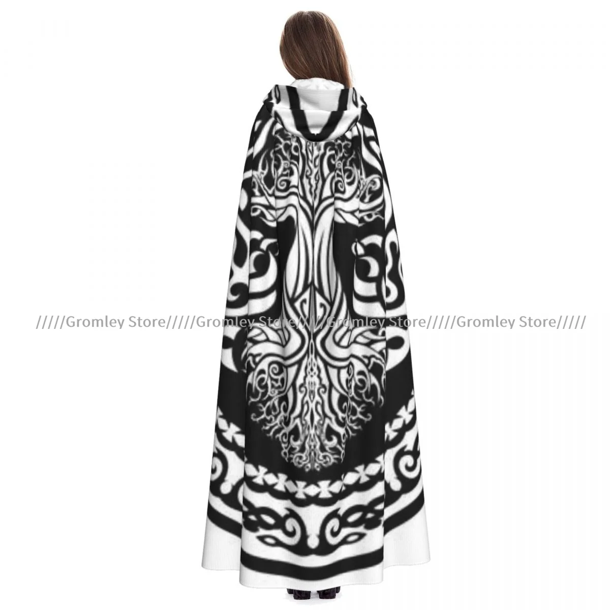 Witch Long Hooded Robe Amulet With Yggdrasil Tree Halloween Cloak Cosplay Costumes for Adult