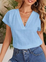 Blusa de lino y algodón para Mujer, Blusas de manga corta con cuello de pico, Blusas informales de Color liso para oficina, Tops holgados blancos y azules 2024