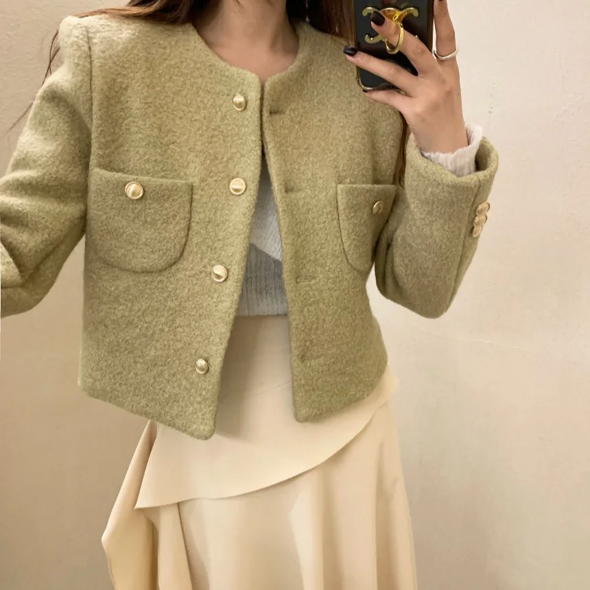 

Autumn Winter 2025 Long Sleeve O-neck Office Lady Coats Korean Style Female Short Design Woolen Jackets Slim Women's Cardigan