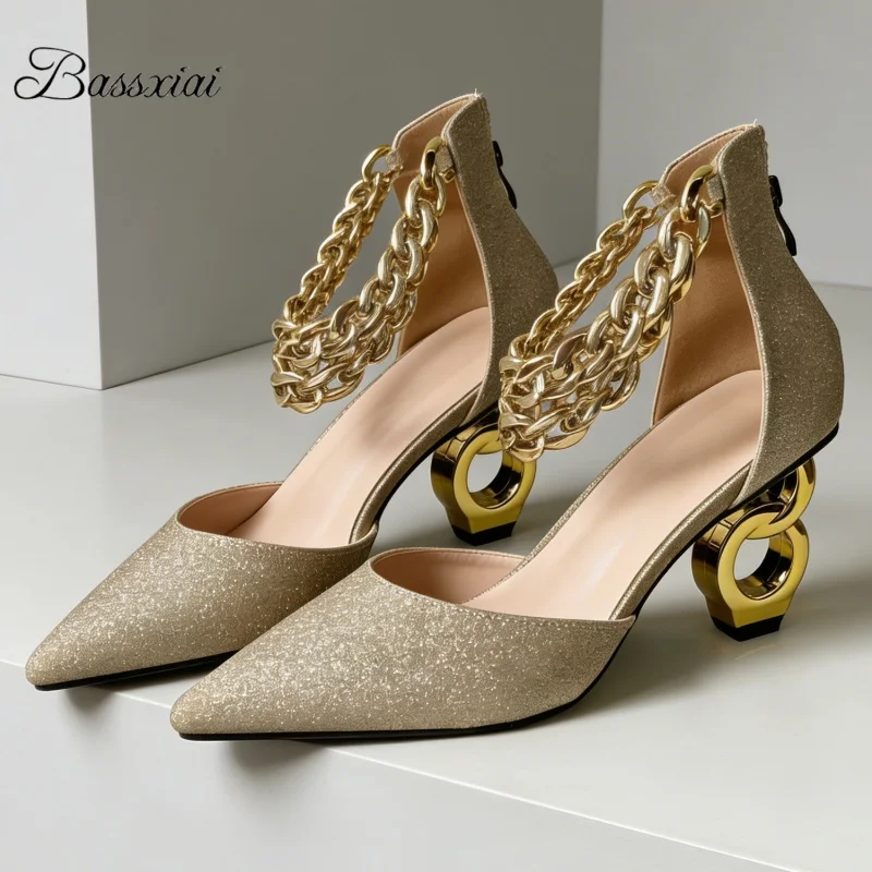 

Double Chains Strap Decor Women Pumps Unique Gold Strange Heel Pointed Toe Side Fretwork Back Zip Party Shoes Spring Autumn