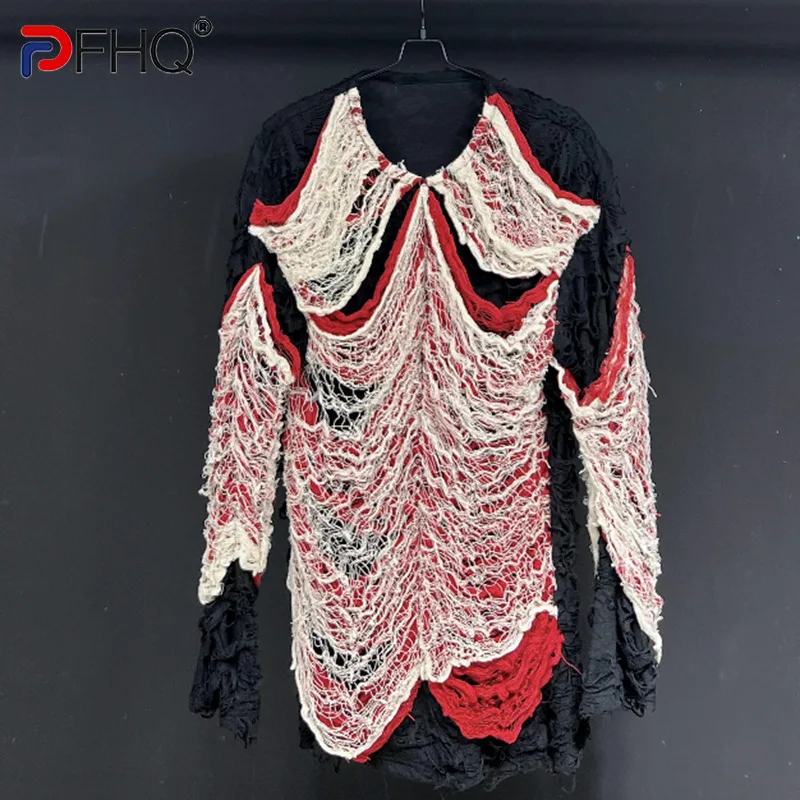 

PFHQ Autumn Men's Perforated Gothic T-shirt Vintage Niche Design Fitting Long Sleeved Patchwork Worn Out Motorcycle Tops 21Z1137