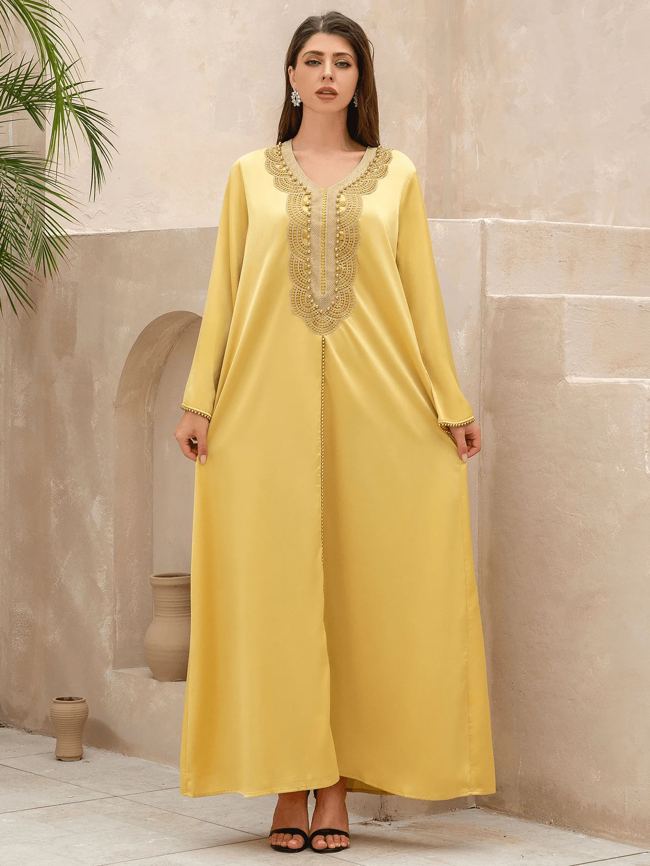 Robe musulmane perlée à col en V pour femmes, Abayas décontractées, Vêtements islamiques, Manches longues, Turquie, Arabie, Dubaï, Indépendance