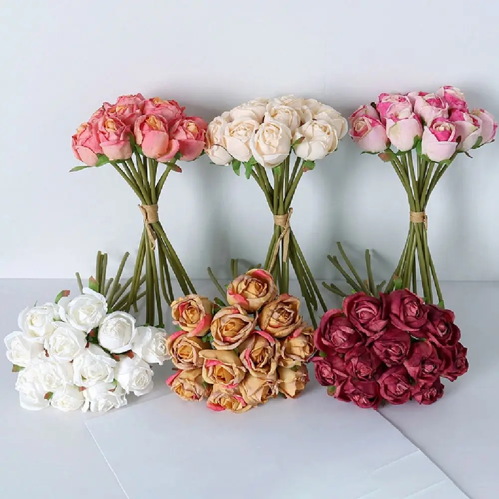 

12 Head Artificial Flower Bouquet Handmade Silk Simulated Rose Bouquet Lifelike Colorful Wedding Bouquet Home Decoration