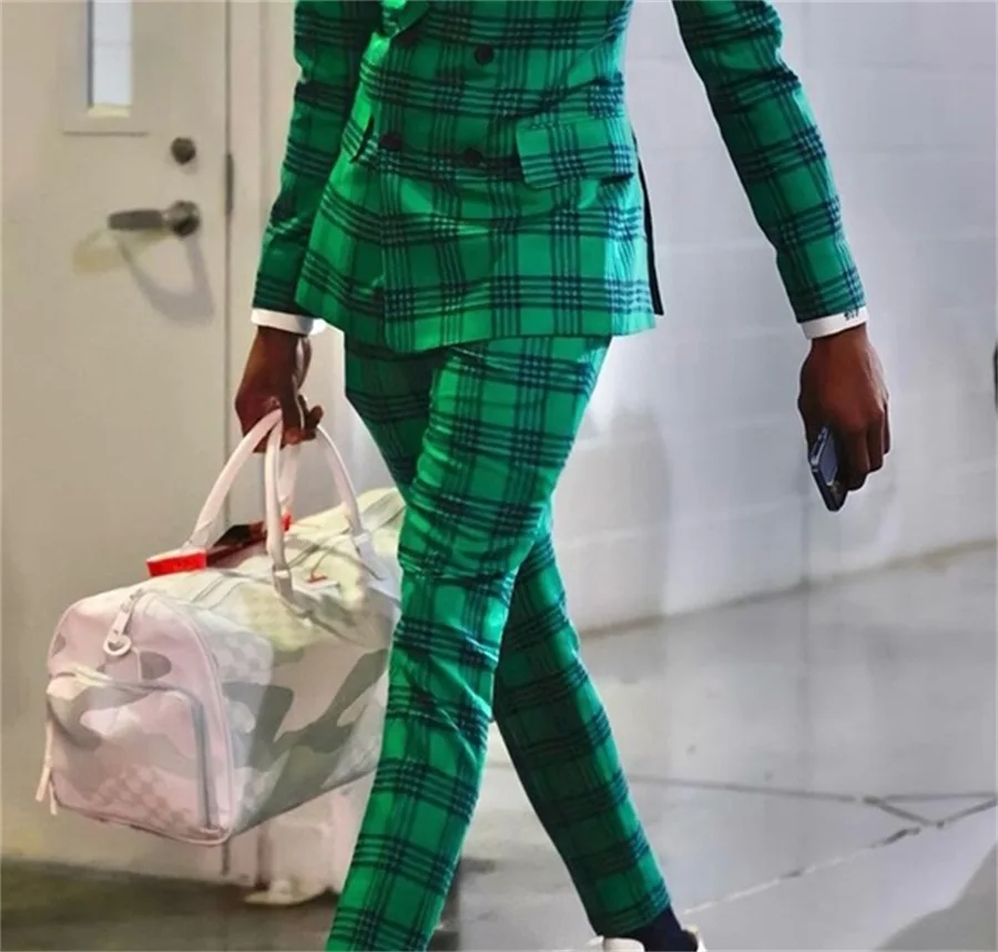 Trajes de hombre a cuadros verdes para boda, traje Formal ajustado de 2 piezas (Blazer + Pantalones), esmoquin de doble botonadura para baile de graduación y noche, hecho a medida