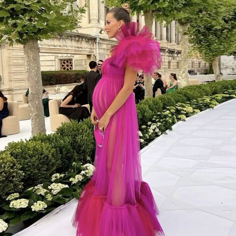 

Chic Illusion Pregnancy Fuchsia Tutu Tulle Long Robe One Shoulder A-line Tulle Women Maxi Dresses See Thru Dresses