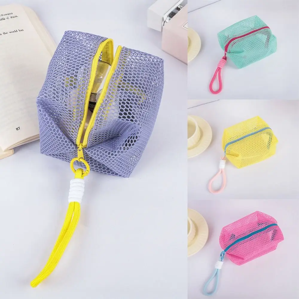

with Handle Mesh Cosmetic Bag Small Capacity Square Shape Travel Toiletry Pouch Portable Dopamine Color Travel Kit Organizer