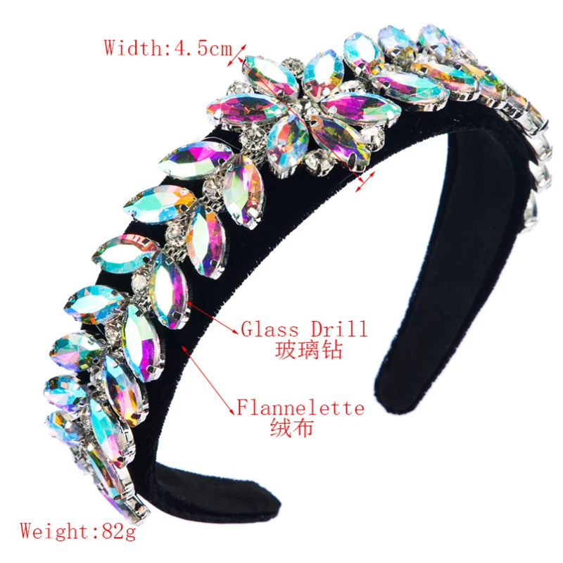 Leaf and Flower Glass Rhinestones Hairband Accessories Gold Velvet Wide Edged Headband Super Flash Hair Headwear Accessories