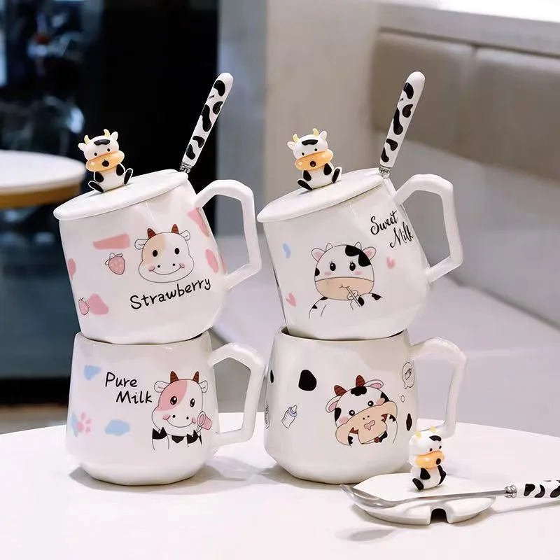 Ceramic Cute Cow Mug Coffee Cups Lids Spoons Children\'s Large-capacity Water Office Milk New Product Creative Home Drinkware