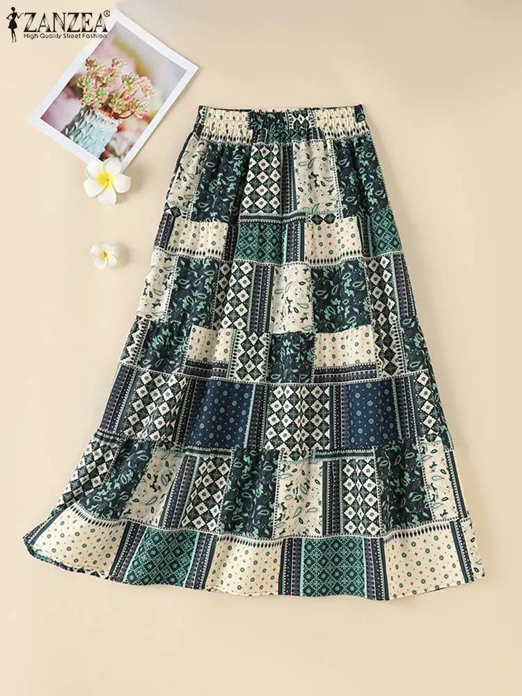 Zanzea Vrouwen Elastische Taille Print Jupesummer Bohemian Swing Rokken 2024 Vintage Vakantie Losse Faldas Retro A-Line Lange Rokken