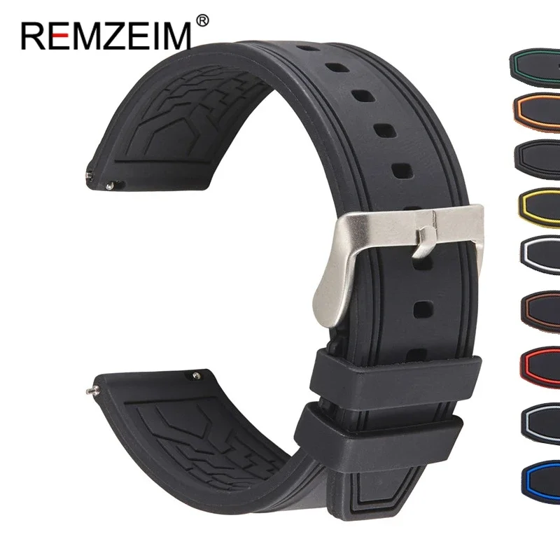 REMZEIM 20mm 22mm Universal Silicone Sport Strap Quick Release Fashion Stitching Waterproof Rubber Watchbands Watch Accessories