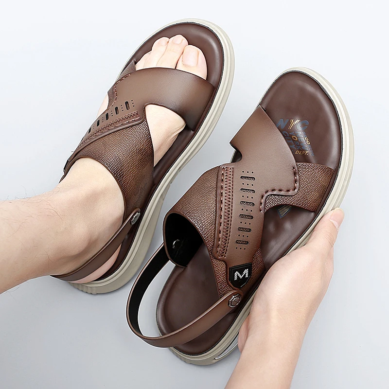 New Summer Beach Sandals Men\'s Comfortable Soft Men Genuine Leather Slip-on Casual Sandals Fashion Men Business Slippers Shoes