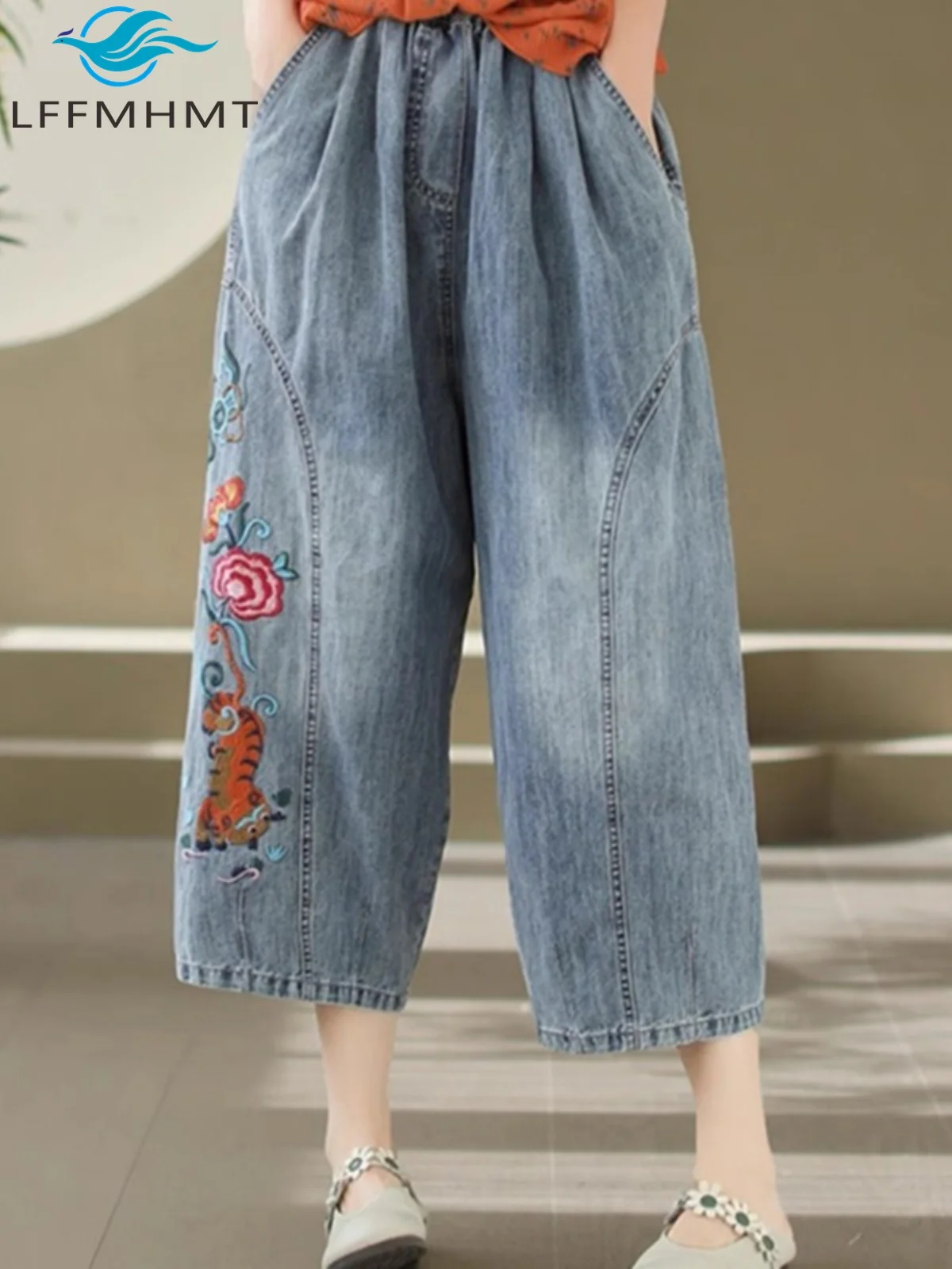 

Винтажные джинсовые брюки с вышивкой в китайском стиле для женщин, весенне-осенние модные свободные повседневные лоскутные джинсы с эластичной резинкой на талии, женские джинсы