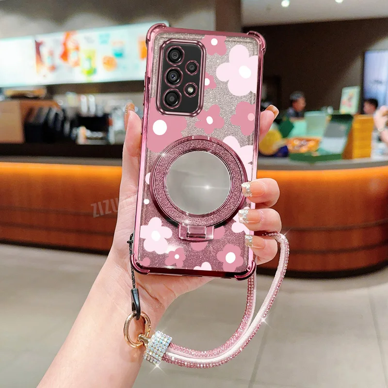 Shining Wristband Lanyard Strap Flower Phone Holder Case On For Samsung Galaxy A32 A33 A52 A53 A73 A51 A23 4G 5G Back Cover