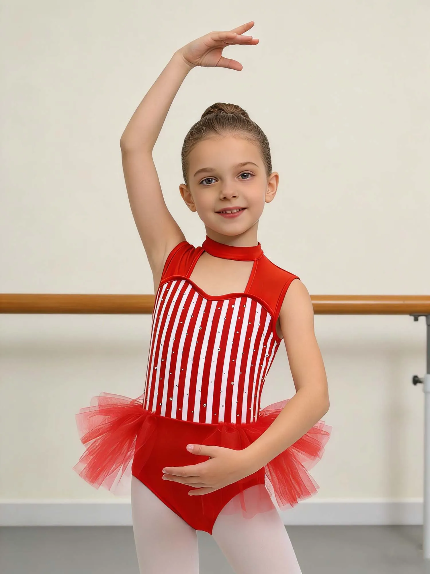 Traje de Maestra de Ceremonias de Circo para Niñas, Mono de Princesa con Rayas, Body con Volantes de Malla para Gimnasia, Ballet y Danza