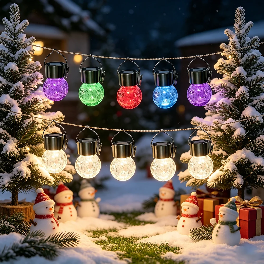 1/2pcs Solar Cracked Glass Ball Hanging Lamp, with Clip Solar Hanging Lantern, Christmas, New Year, Thanksgiving Courtyard Decor