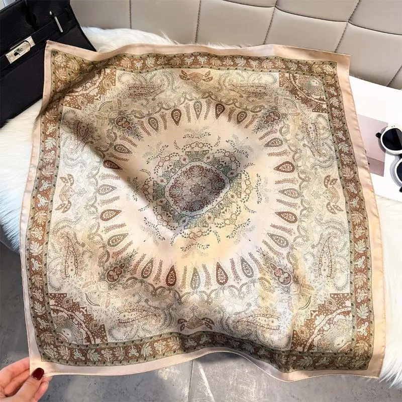 Luxury Silk Square Scarf with Vintage Print Smooth Women Neck Hair Wrap Band Beach Hijab Kerchief for Gift Giving