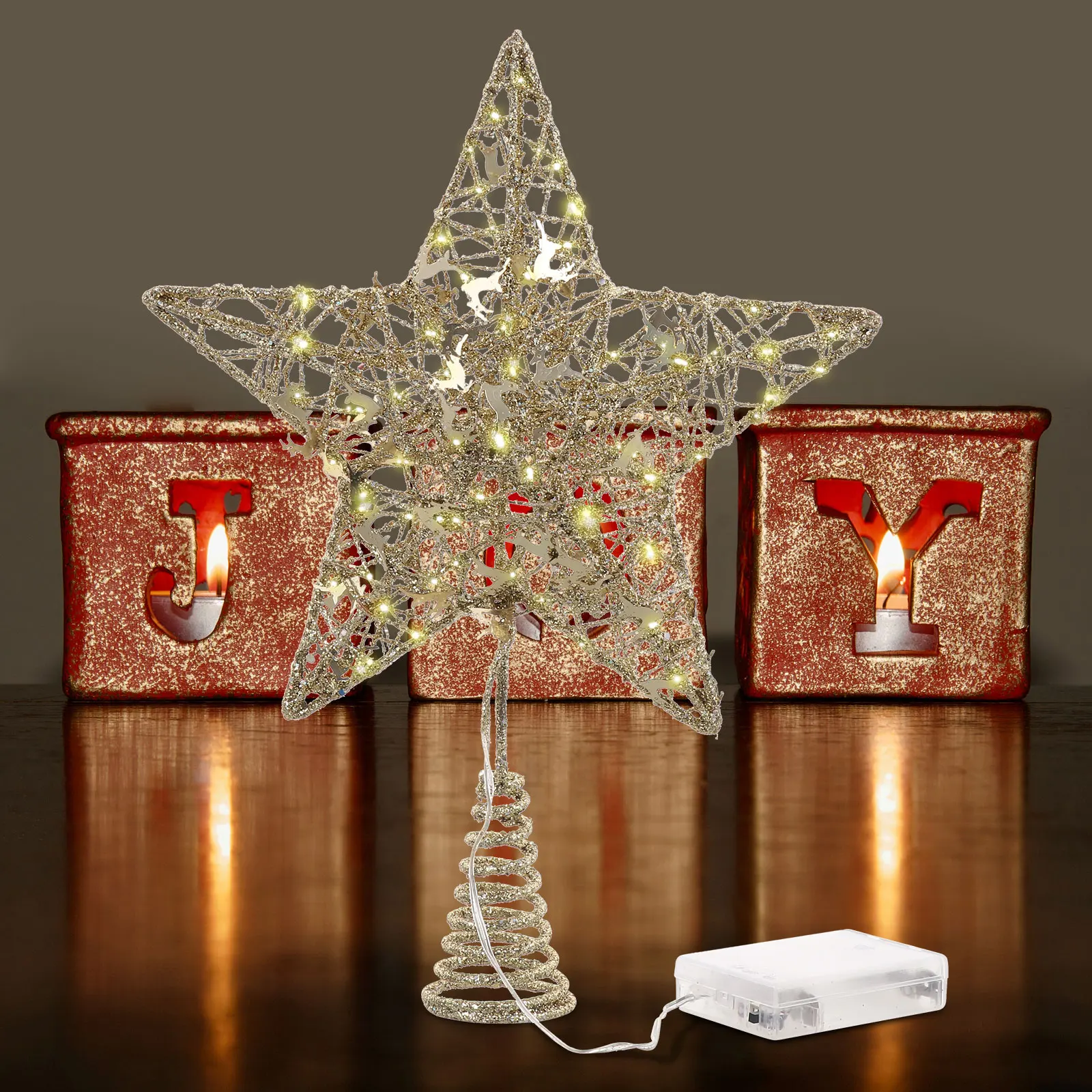 

1 pc Red Christmas Tree Topper Star Lighted Ornament Golden Xmas Tree Star Decor Iron Material Shiny Sequin