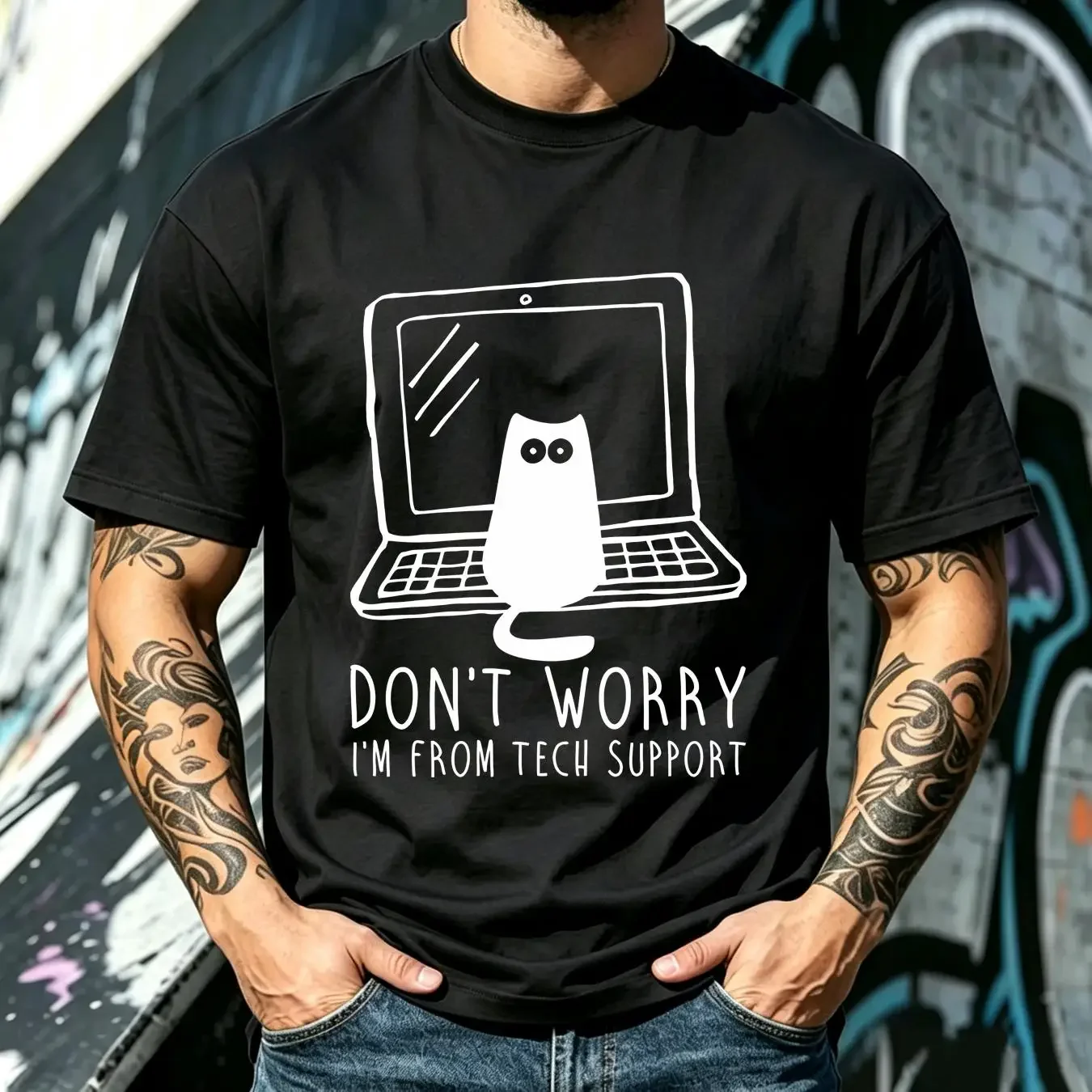 washed T Shirt Cat Don't Worry I'm From Tech Support Geek Gamer Top 3909 vintage Washed Unisex homme Comfortable Breathable