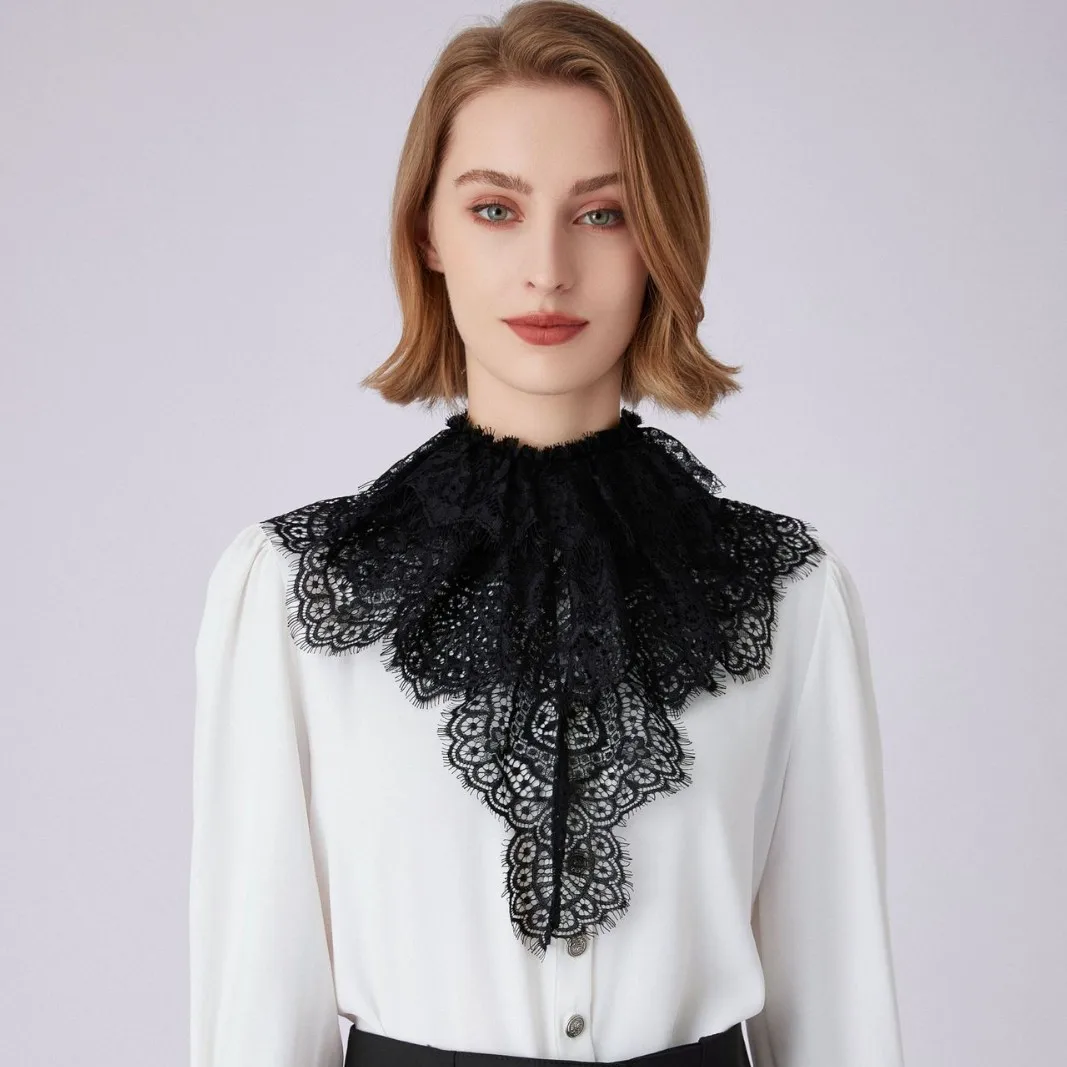 Vintage Hollow Floral Lace Jabot Collar Detachable Stand Neck Collar Ruffle Lace Neck Wrap for Women Blouse Dress Cosplay Decor