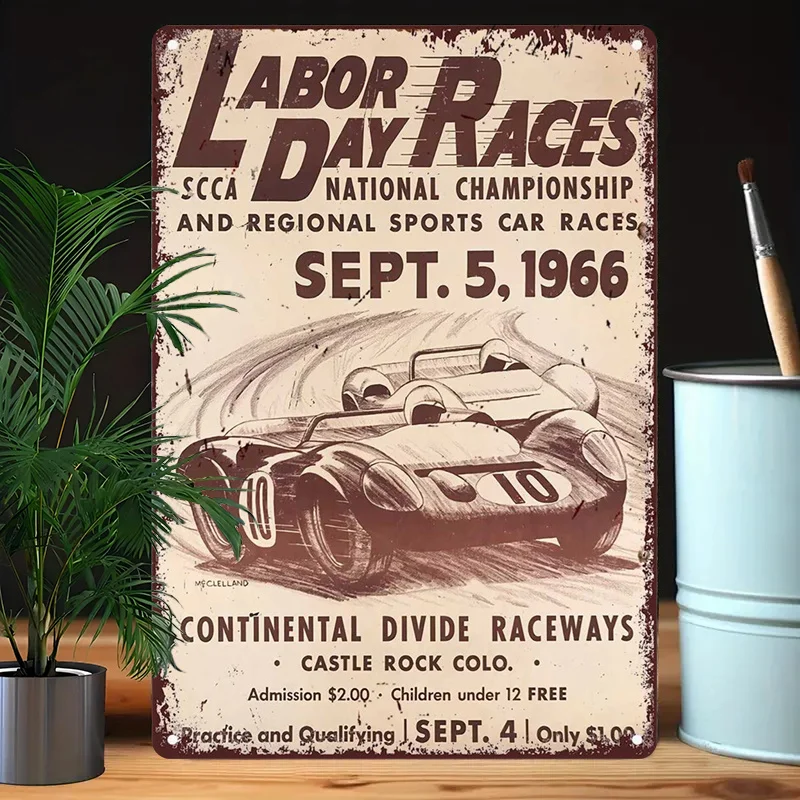 Vintage Metal Tin Sign, Labor Day Races 1966 Divide Raceways, Iron Wall Art, Retro Decor for Bar, Cafe, Beach House, Farmhouse,
