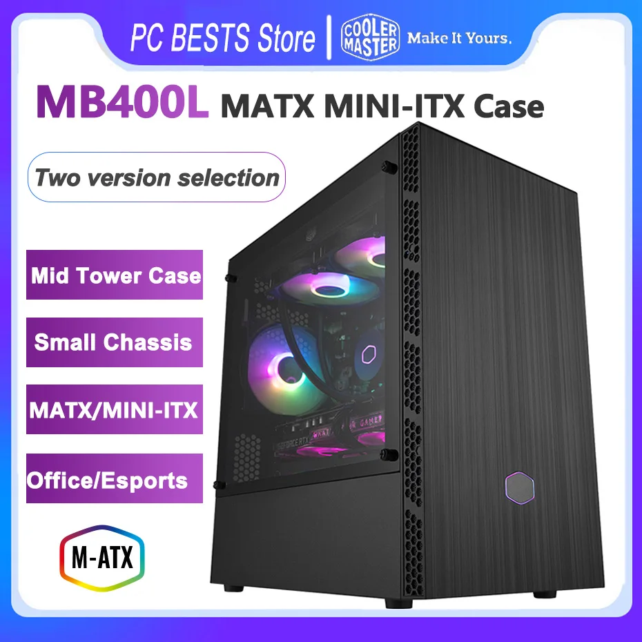 Cooler Master MB400L MATX чехол стальная стеклянная боковая панель, офисные Киберспорт, маленькая шасси, центральный процессор, верхний предел 166 мм, телефон для настольного компьютера