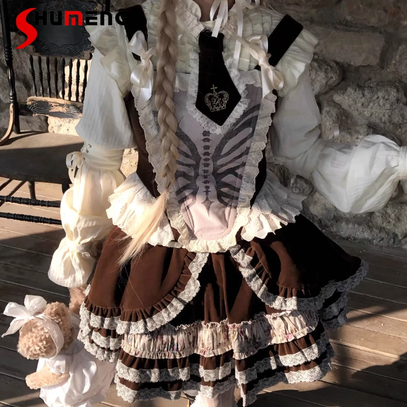 

Japanese Lolita Original Design Retro Style Velvet Floral Lace Trim Half-length Cake Skirt Y2k Clothes Puffy Skirts For Ladies