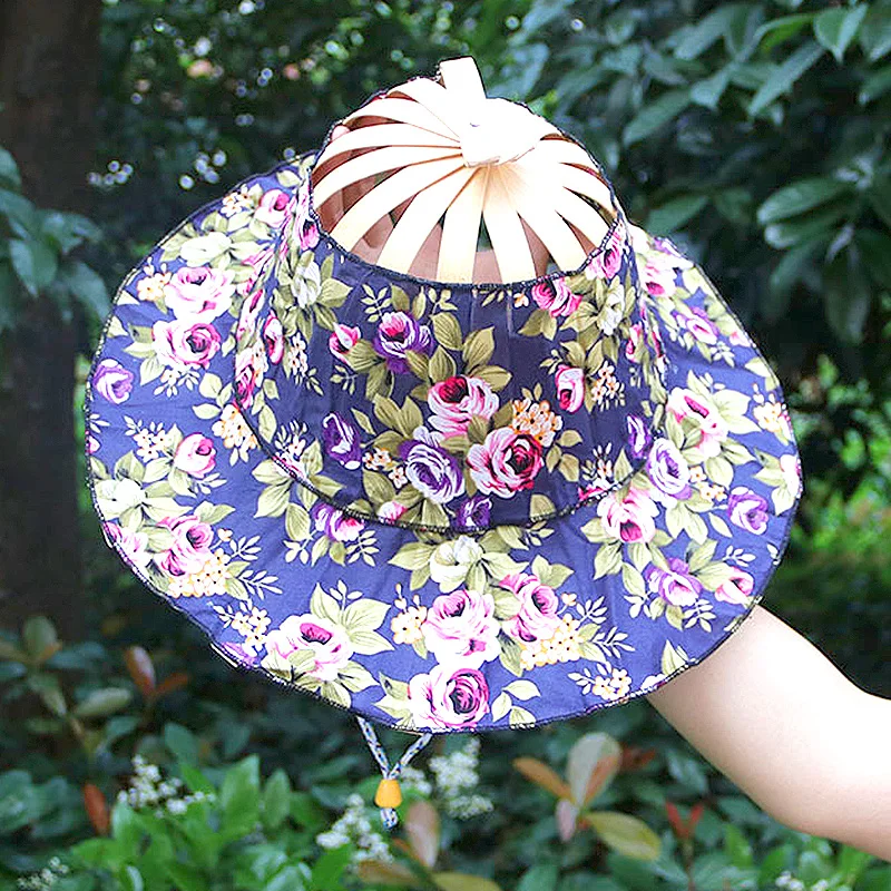 Bamboo Foldable Hand Fan Sun Hat Women Sunhat Hat with 2 in 1 Foldable Chinese Style Bamboo Frame Floral Printed