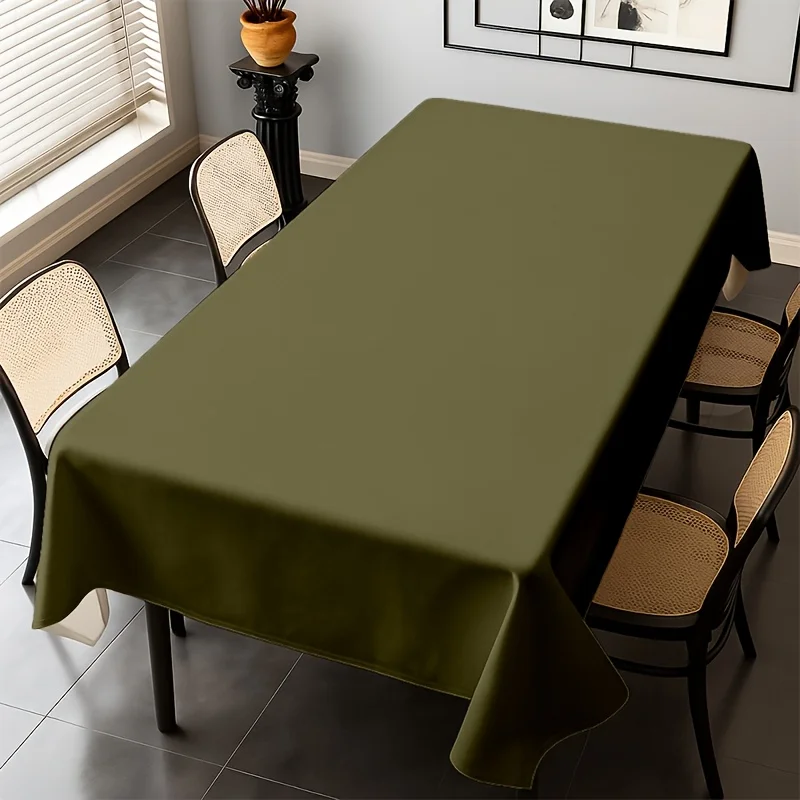 A 2D printed solid olive green tablecloth, easy to clean.