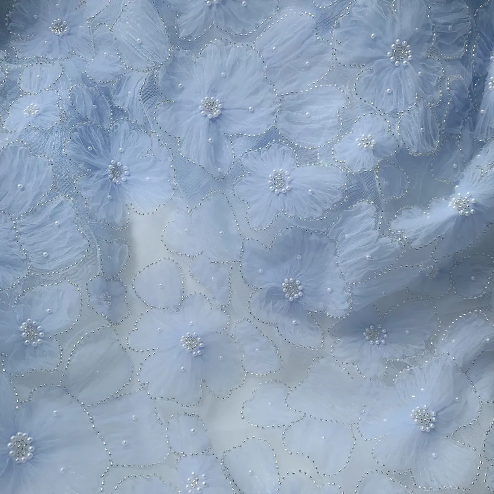 Besticktes Spitzens toff für Kinder bekleidung, 3D-Mesh-Blumen, Silber perle, Perlen-Hochzeits kleid, Spitzen band, 3 Farben – Detail 5