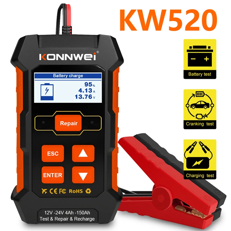

KONNWEI KW520 12 В 24 В 5A 10A Автоматический тестер аккумулятора грузовика Зарядное устройство Свинцово-кислотный автомобильный аккумулятор Импульсные инструменты для ремонта AGM Гель Литиевый