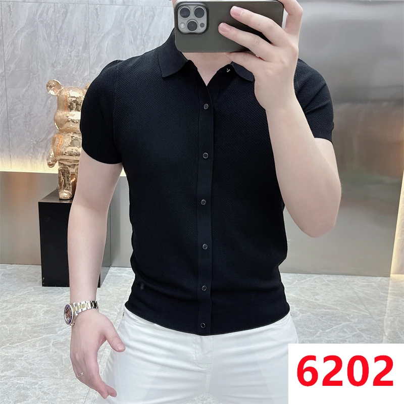 2024 Summer Polo Neck Ice Silk Short Sleeved T-shirt Men\'s Slim Fit Knitted Shirt Casual Business Tshirts Social Streetwear Tee