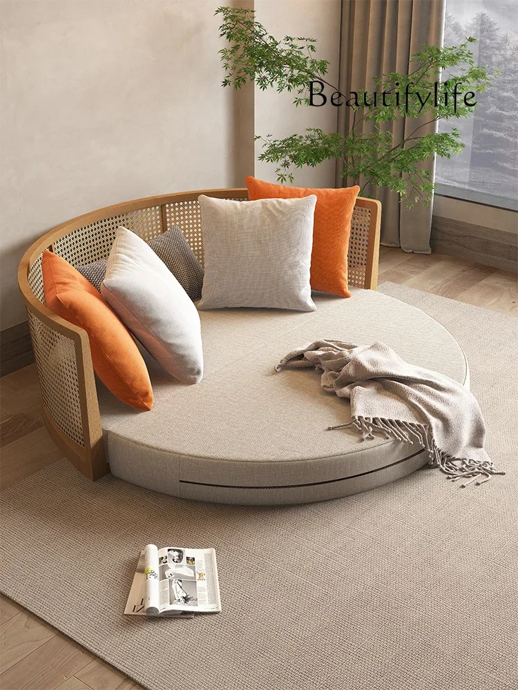 N Nordic Rattan أريكة سرير كاجوال قابلة للطي مزدوجة متعددة الوظائف مستديرة من الخيزران للسرير والإفطار