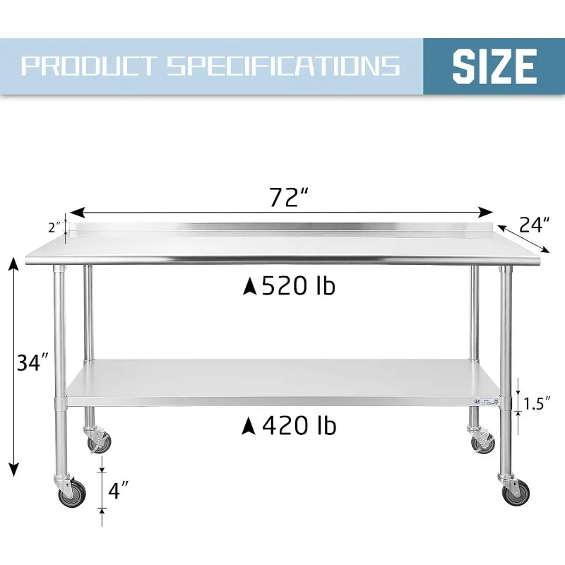 Stainless Steel Table for Prep & Work 24 x 72 Inches with Undershelf and Backsplash for Restaurant, Home and Hotel