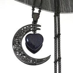 Black Color Stainless Steel Natural Stone Charm Necklace Women Moon Heart Necklace Valentines Jewelry acero inoxidable joyeria
