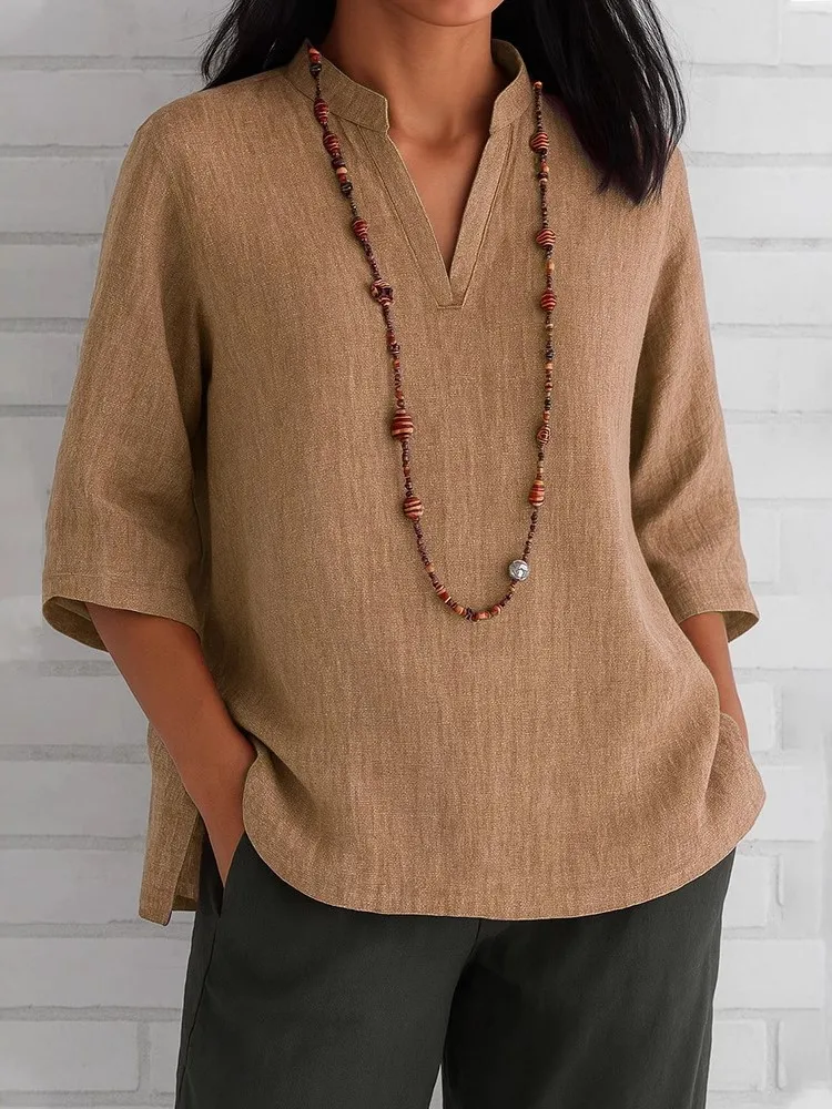 

Casual Solid Shirt For Women Fashion Three Quarter V Neck Pullover Shirts Tops Lady Holiday Office Womens Clothing Spring Summer