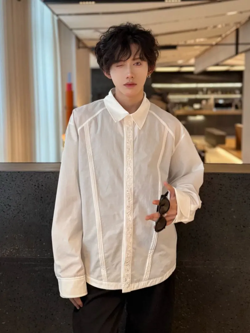 

Eternal Flower Embroidered Long Sve Men's irt Lightweight Spring Outerwear Patchwork Design CleanFit Casual Faion